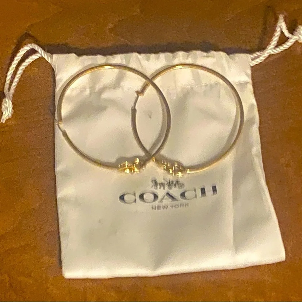 1BJ: COACH Signature “C” Brass & Crystal Hoop Earrings, EUC - Picture 2 of 11